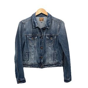 American Eagle Womens Size Large Trucker Jean Jacket 100% Cotton Distressed Blue